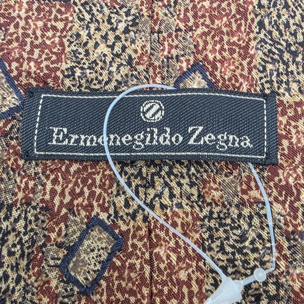 Ermenegildo Zegna Silk Tie Brown Tan Navy Geometric Tapestry Made in Italy
